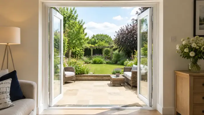 White uPVC French doors opening to a garden