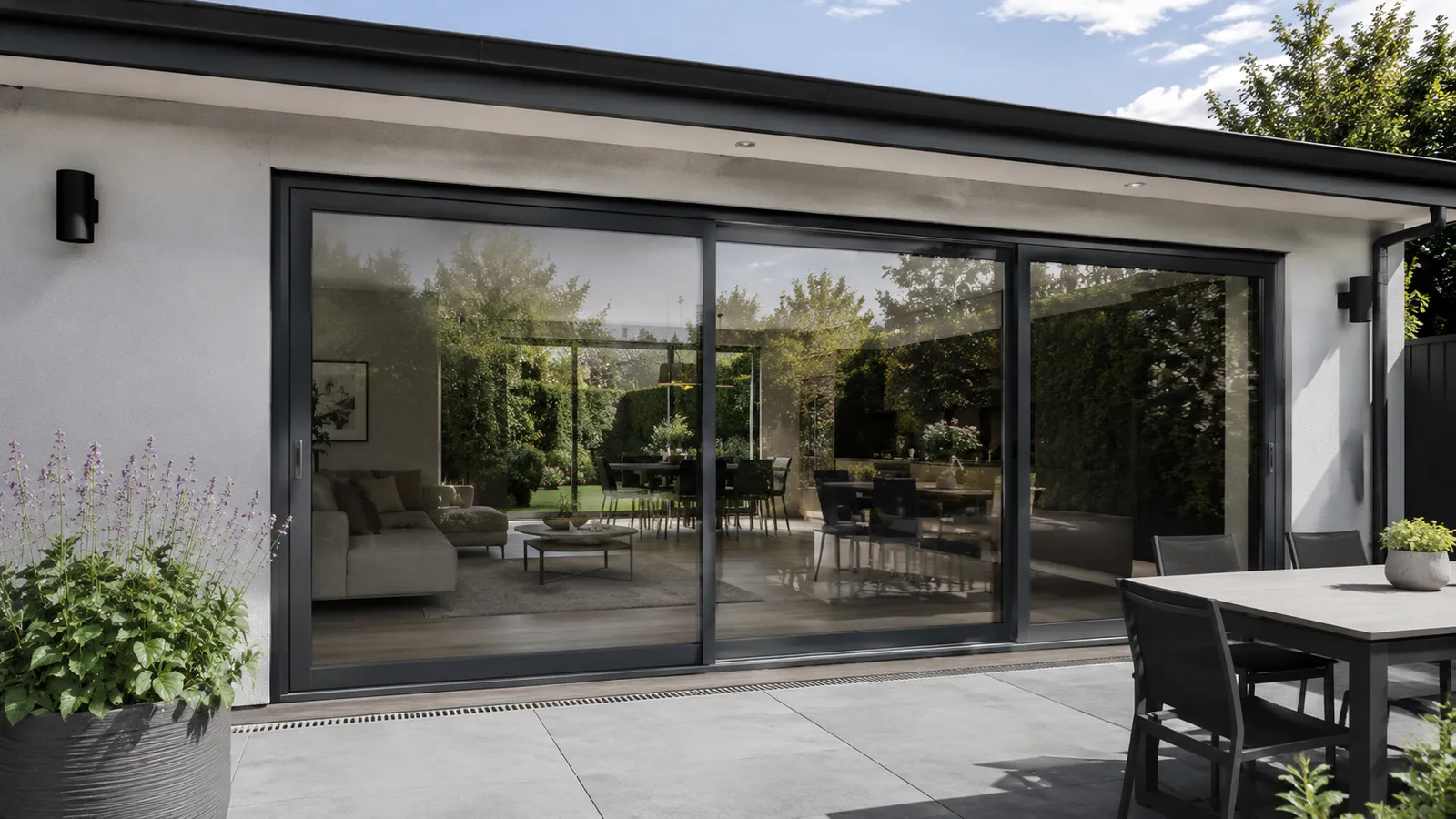 Sliding patio doors on a UK home opening to the garden