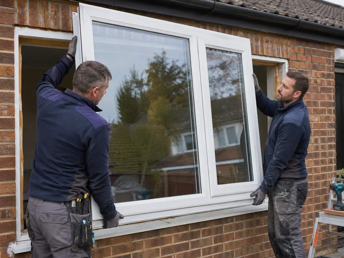 Two installers fitting a new white uPVC double glazed window into a UK home