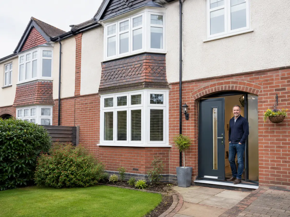 UK semi-detached home with new white uPVC windows and a grey composite front door fitted through the windows and doors grant