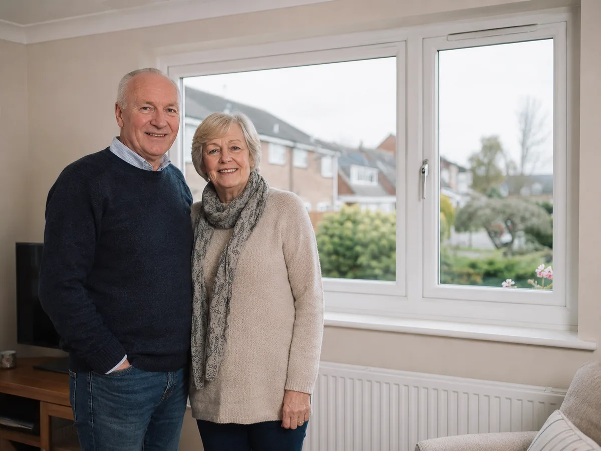 Happy British couple in their late 60s at home in front of a new white uPVC double glazed window fitted through a grant