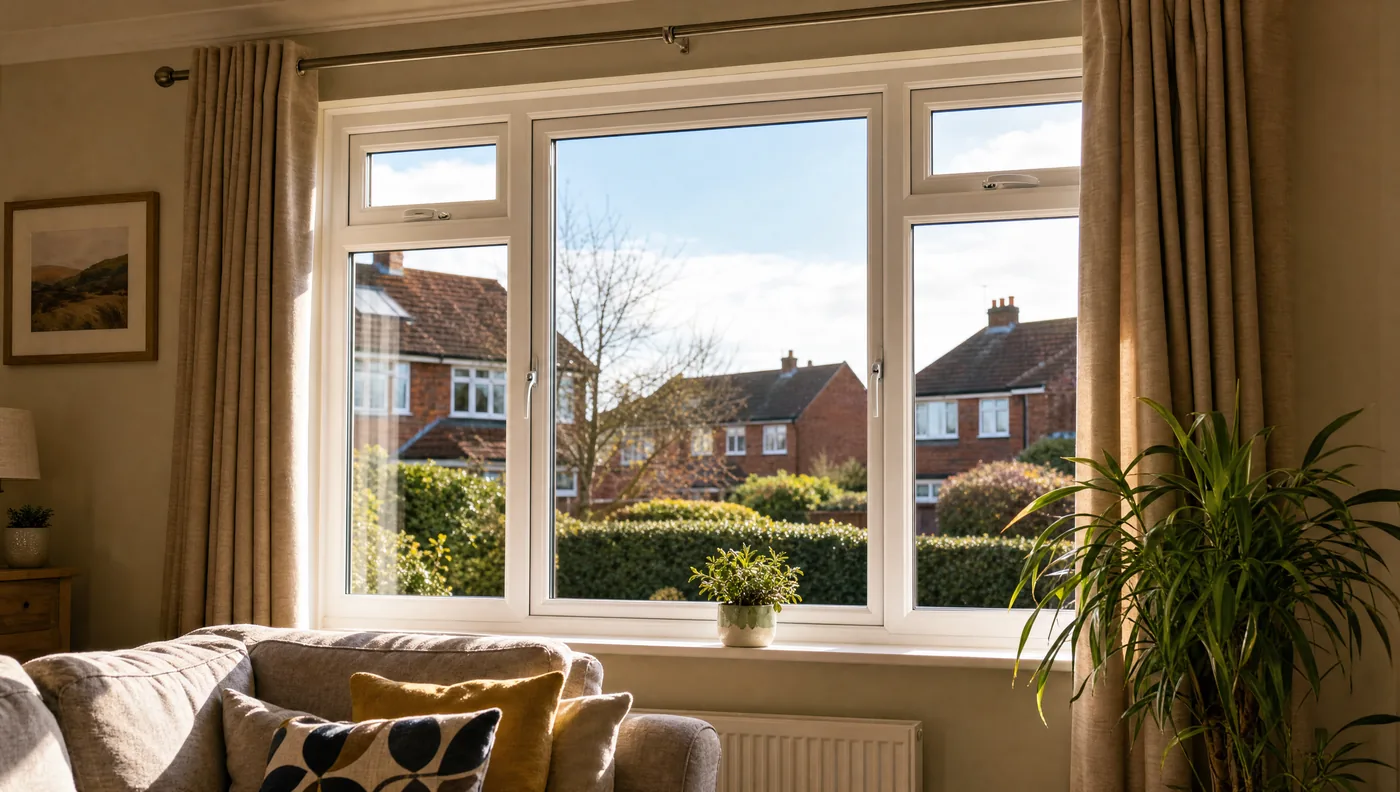 A UK living room with new white uPVC double glazed windows letting in afternoon light
