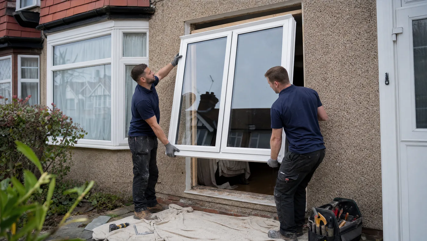 Two installers fitting a new white uPVC double glazed window to a UK semi-detached house