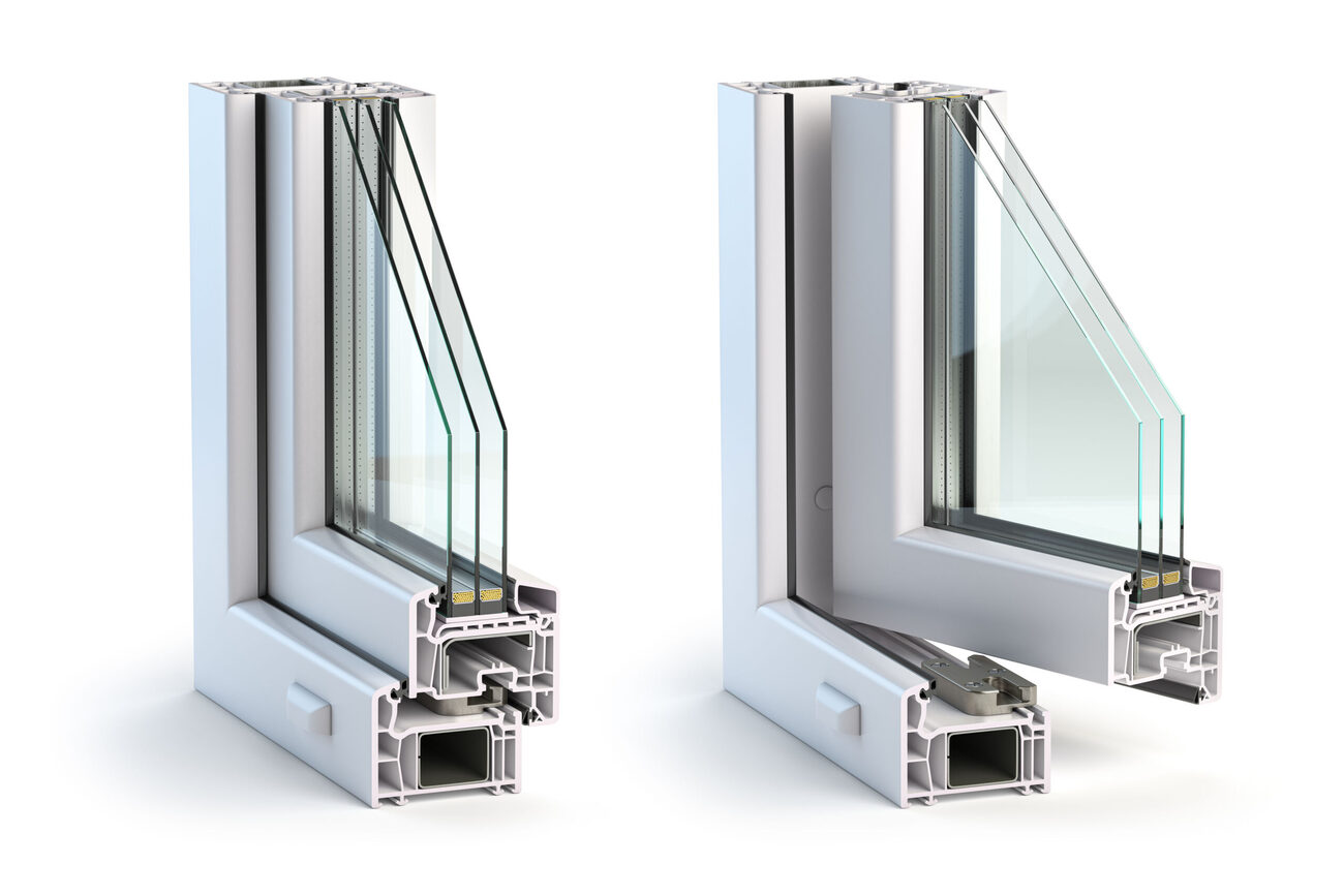 Triple glazed window profile showing three panes of glass for maximum insulation